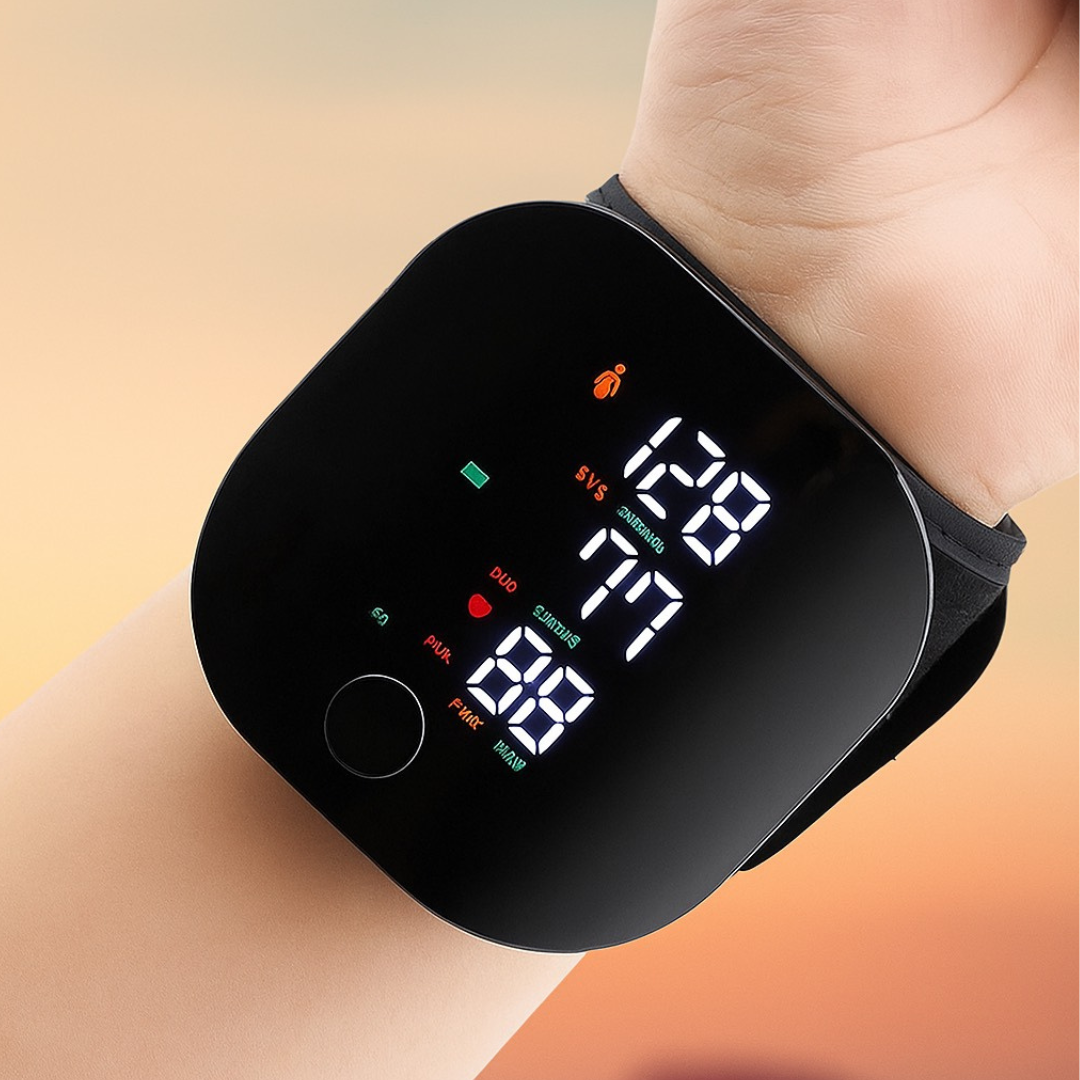 Fitlybuy black portable wrist blood pressure monitor with digital LED display, worn on a user's wrist.