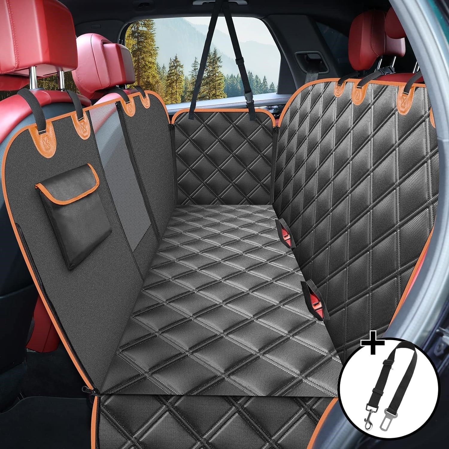 Fitlybuy waterproof, black quilted dog car seat cover with tan trim, side flaps, storage pocket, and seatbelt tether.