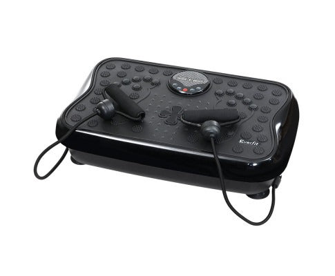 Black Everfit vibration platform with a textured surface, digital display, and two resistance bands for exercise.