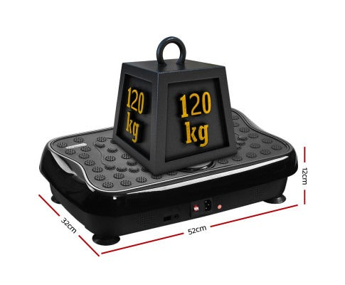 Black Everfit vibration platform featuring a 120kg weight capacity, textured surface, and clearly labeled dimensions.