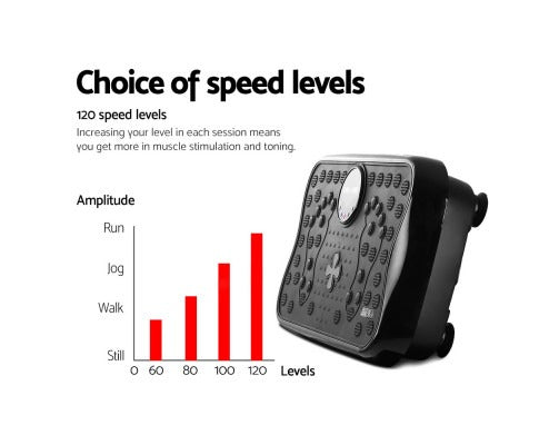 Black Everfit vibration platform with 120 speed levels, shown with a bar chart illustrating amplitude intensity.