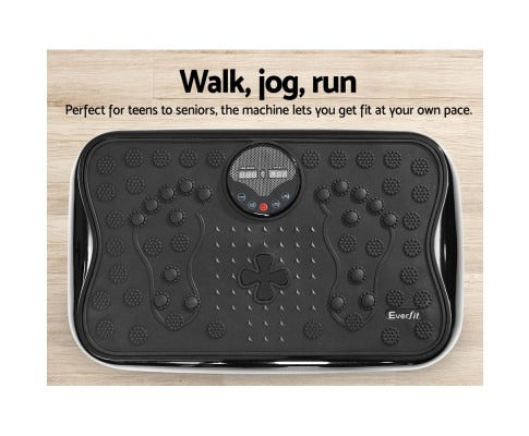 Black Everfit vibration platform with a digital display, textured foot placement zones, and wood-look background.