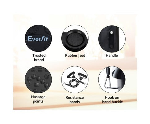 Fitlybuy Everfit vibration platform features: massage surface, rubber feet, handle, resistance bands, and band hooks.