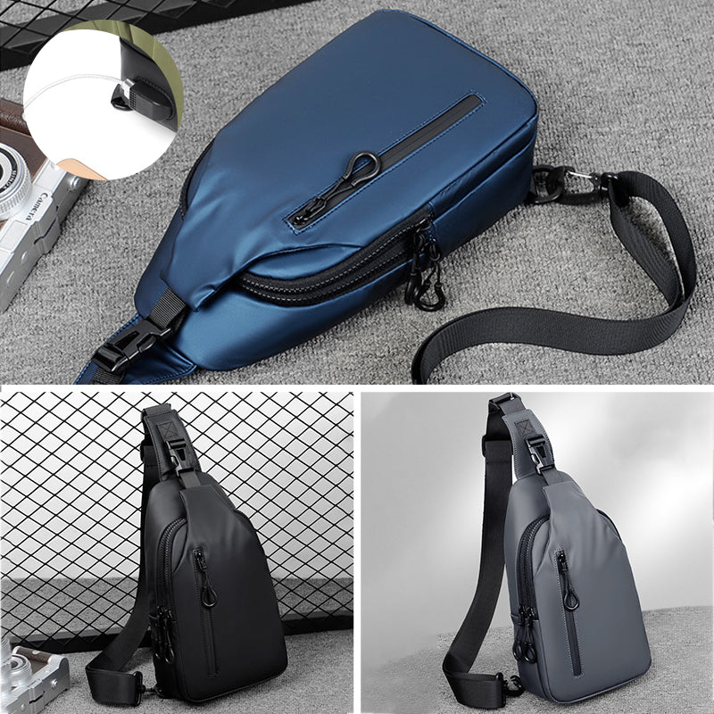 Fitlybuy waterproof anti-theft crossbody bag with SecureLock zippers, shown in blue, black, and grey.
