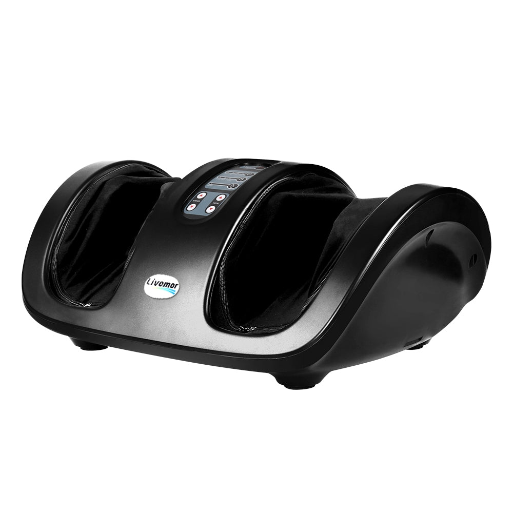 Black Livemor foot massager with top control panel and deep tissue massage chambers, isolated on a white background.