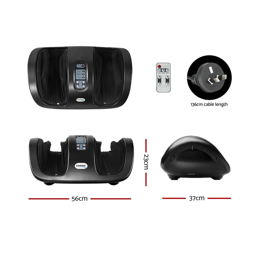 Black Livemor foot massager showing top, side, and front views with remote, AU plug, and dimension markings.