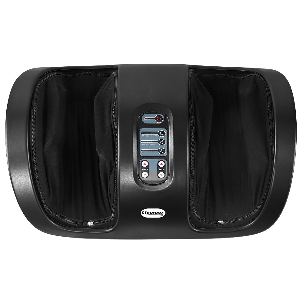 Black Livemor deep tissue foot massager with top control panel, showing two foot slots on a white background.
