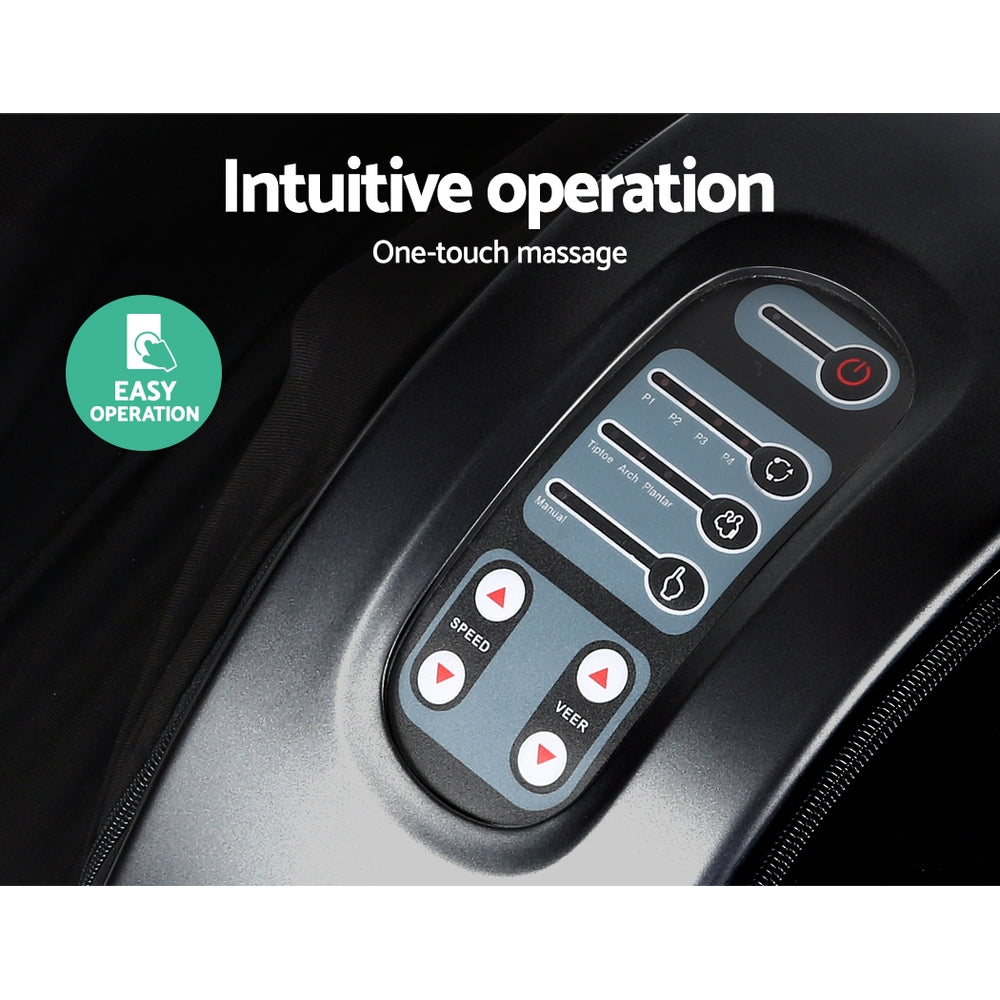 Close-up of the black Livemor foot massager control panel with buttons for speed, mode, and easy one-touch operation.
