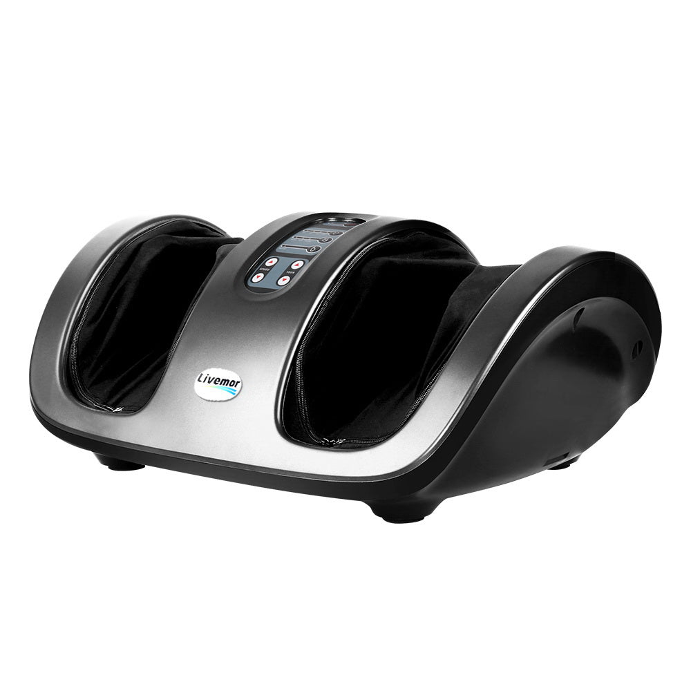 Livemor grey and black electric foot massager with top control panel and deep tissue massage chambers.