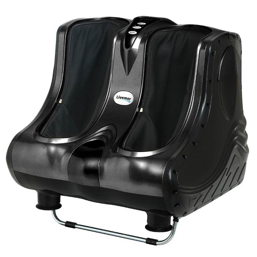 Livemor black electric foot and leg massager with deep tissue technology, featuring control buttons on a studio background.