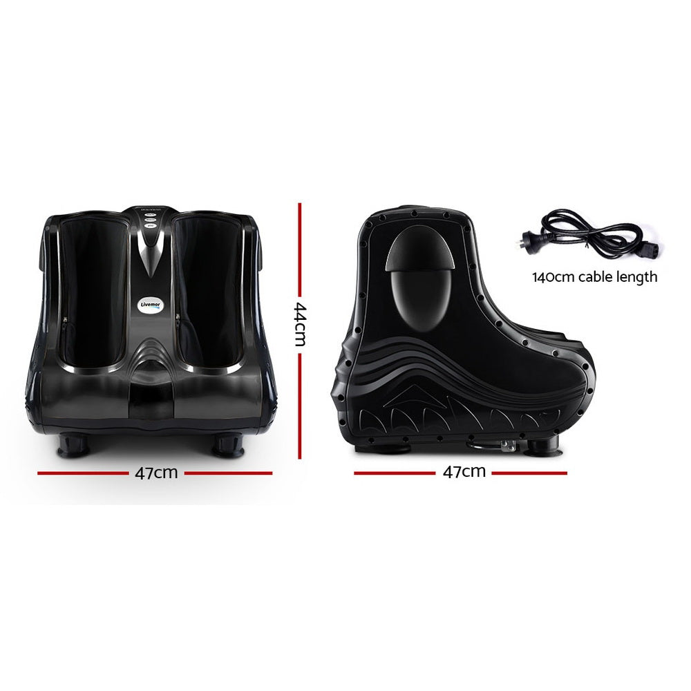 Black Livemor foot and leg massager with deep tissue relief, featuring dimensions and a 140cm power cable.