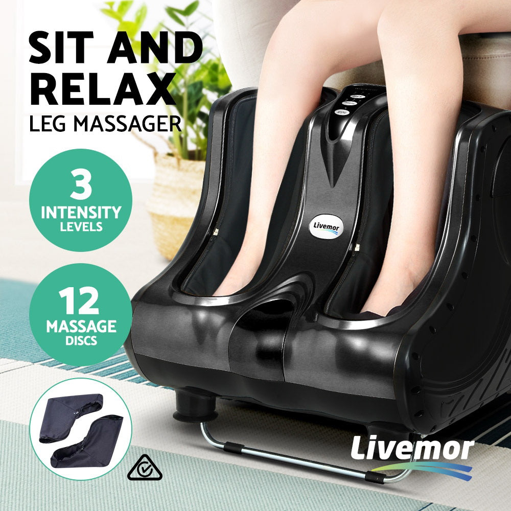 Black Livemor foot and leg massager with deep tissue discs in use, featuring intensity settings and removable covers.