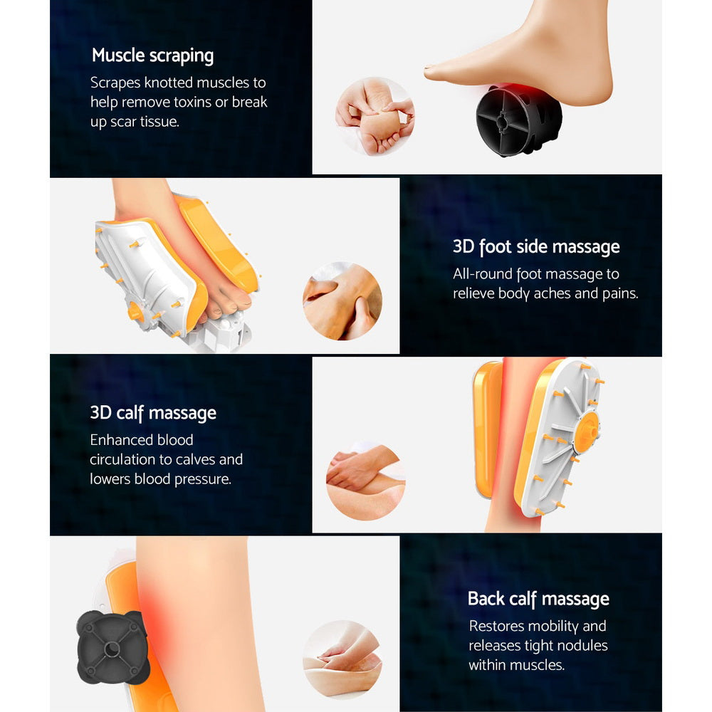 Fitlybuy Livemor white and orange foot and calf massager showing deep tissue scraping, 3D, and back massage features.