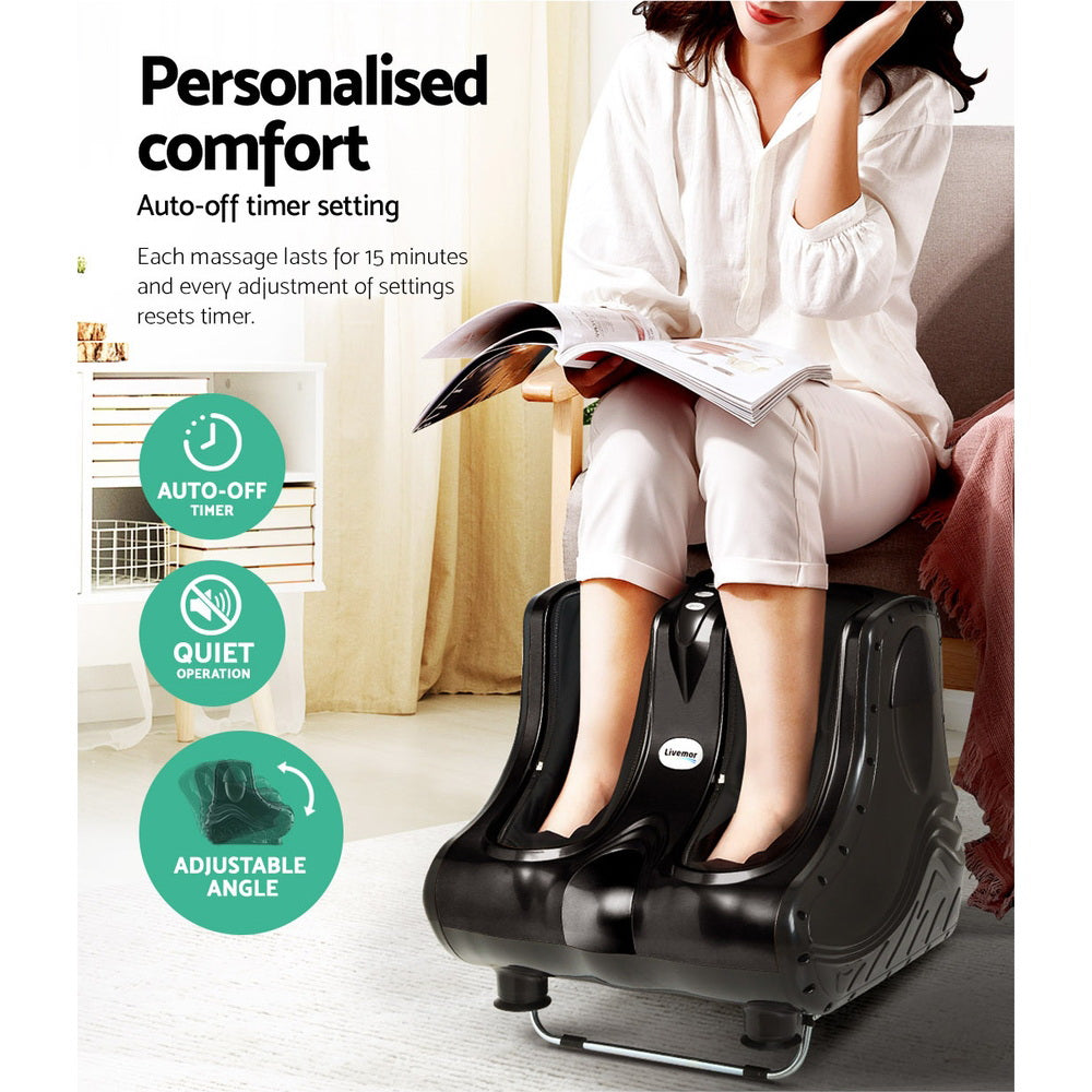 Black Livemor leg and foot massager with adjustable angle, auto-off timer, and quiet operation used in a home setting.