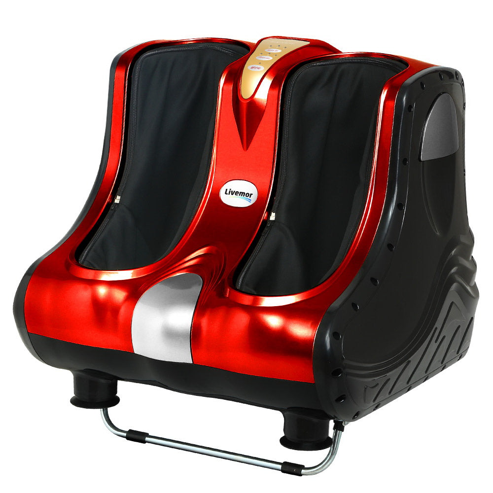 Livemor red and black foot and leg massager with deep tissue technology and adjustable control panel on white background.