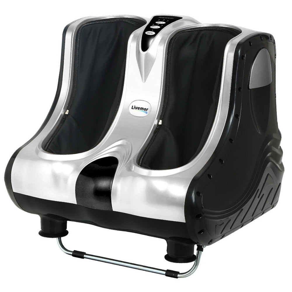 Black and silver Livemor foot and leg massager with deep tissue relief and top control panel on a white background.