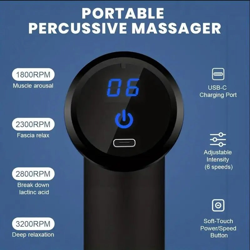 Black Fitlybuy massage gun with digital display, touch power button, USB-C port, and 6-speed settings on blue background.