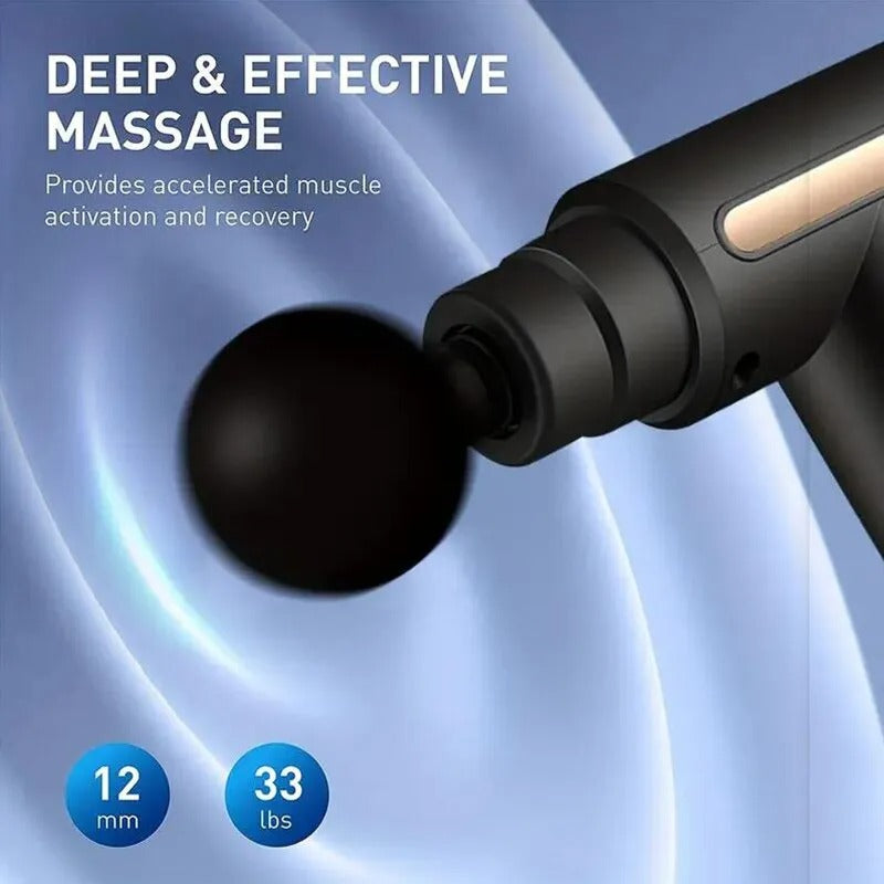 Fitlybuy black muscle massage gun featuring a round attachment, 12mm depth, and 33 lbs force on a blue background.