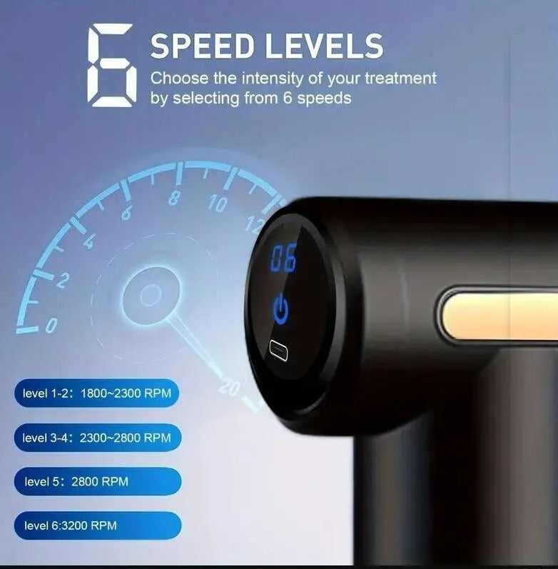 Black Fitlybuy massage gun with digital display showing 6 speed levels and RPM settings for deep tissue therapy.