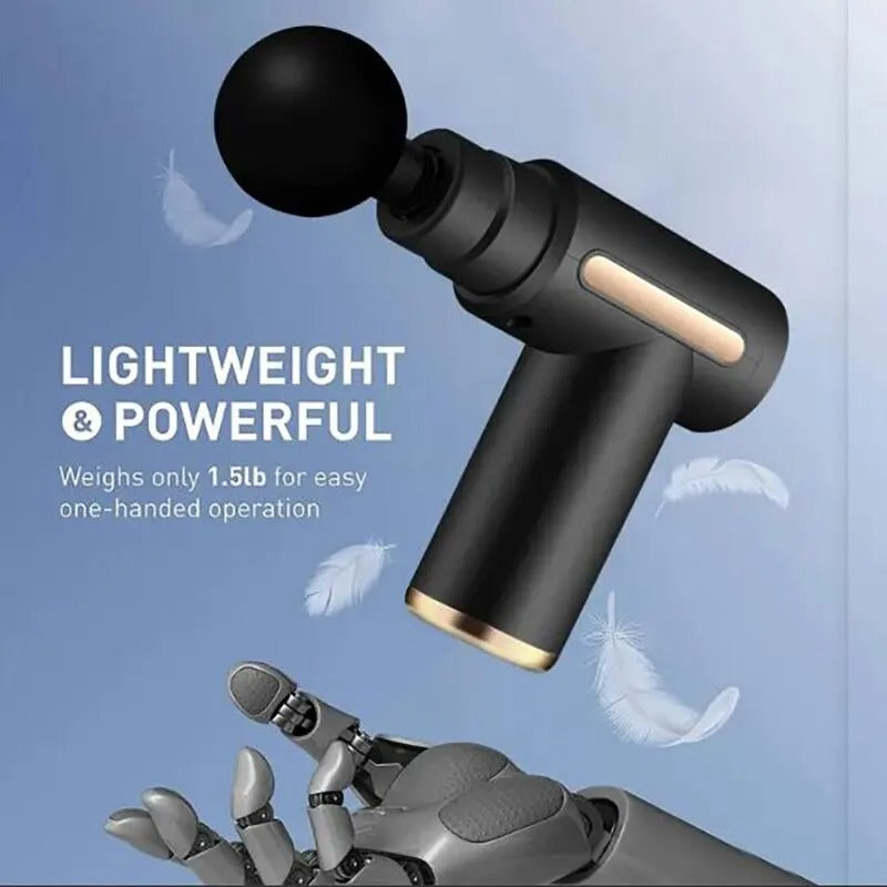 Fitlybuy black muscle massage gun with gold accents floating above a robotic hand, emphasizing lightweight, 1.5lb design.