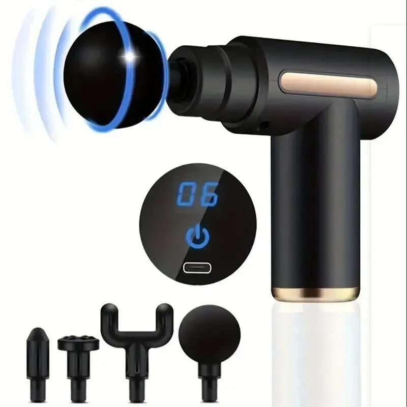 Black Fitlybuy massage gun with ball head, digital display, USB-C port, and four interchangeable massage attachments.
