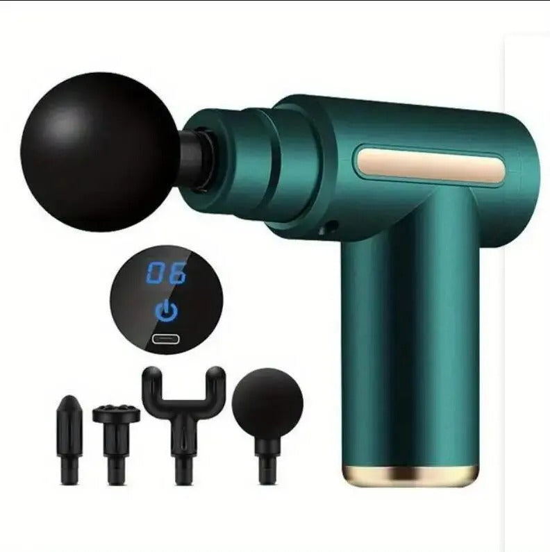 Fitlybuy dark green deep tissue massage gun with gold trim, digital display, and four interchangeable massage heads.