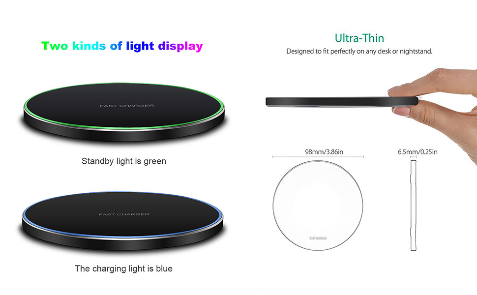 Fitlybuy 30W wireless charging pad in black, showing green standby and blue active LED ring light, 6.5mm ultra-thin.