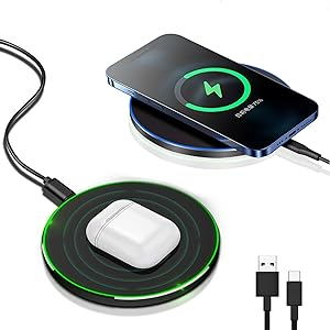 Fitlybuy 30W wireless charging pads in black, charging a smartphone and white earbuds with green LED indicator rings.