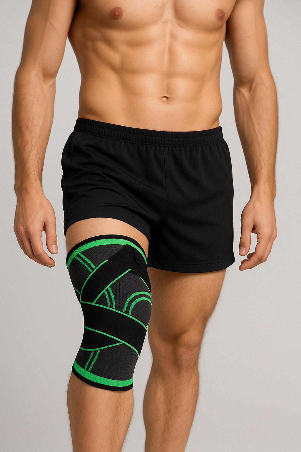 Fitlybuy knee support brace, black with green accents, featuring adjustable compression straps on a muscular leg.