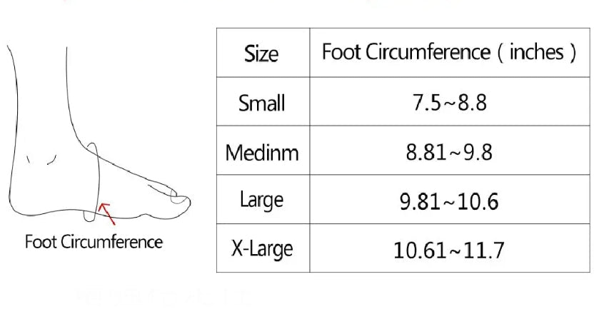 Fitlybuy foot drop orthosis size chart showing foot circumference measurements in inches for sizes Small to X-Large.