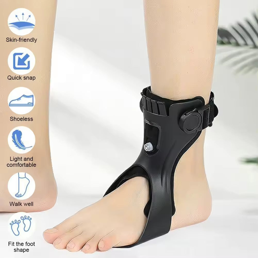 Fitlybuy black foot drop orthosis brace on a foot, featuring an adjustable ankle support and lightweight, sleek design.