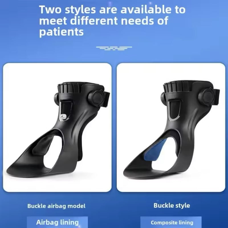 Two Fitlybuy black foot drop orthosis braces: one with an airbag lining and one with a composite lining for stability.