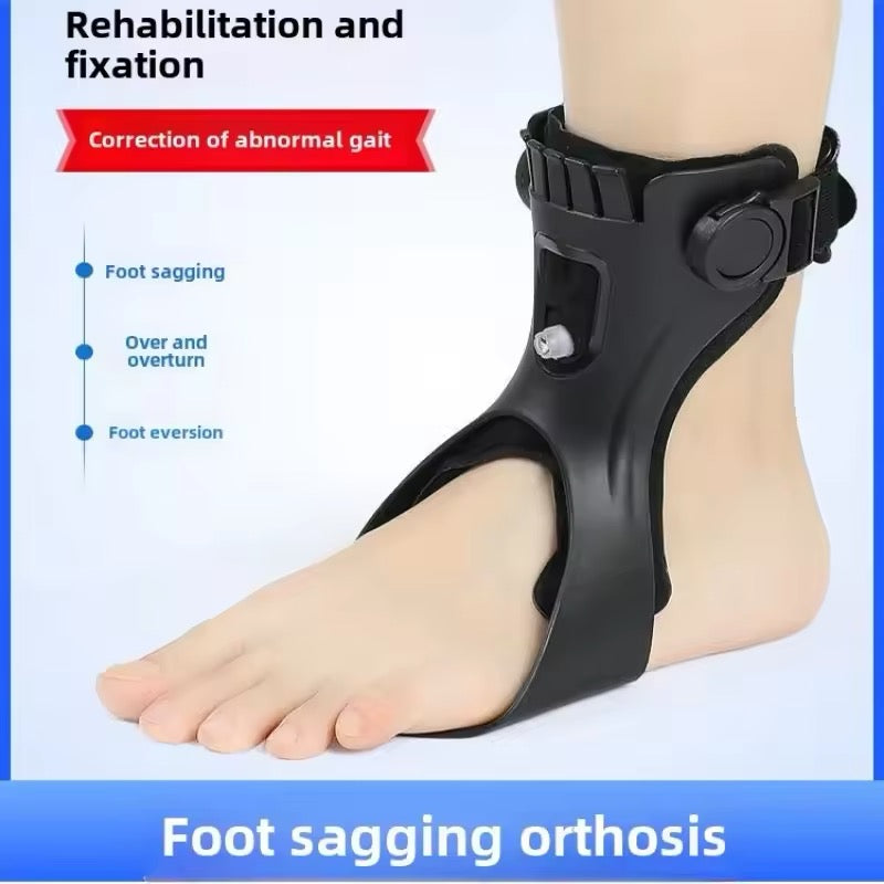 Black Fitlybuy foot drop orthosis brace on a foot, featuring an adjustable ankle strap for gait correction and stability.
