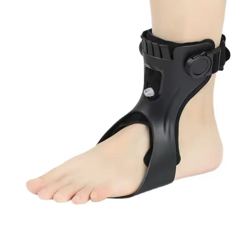 Fitlybuy black foot drop orthosis brace worn on a foot, featuring an adjustable ankle strap for stability and support.