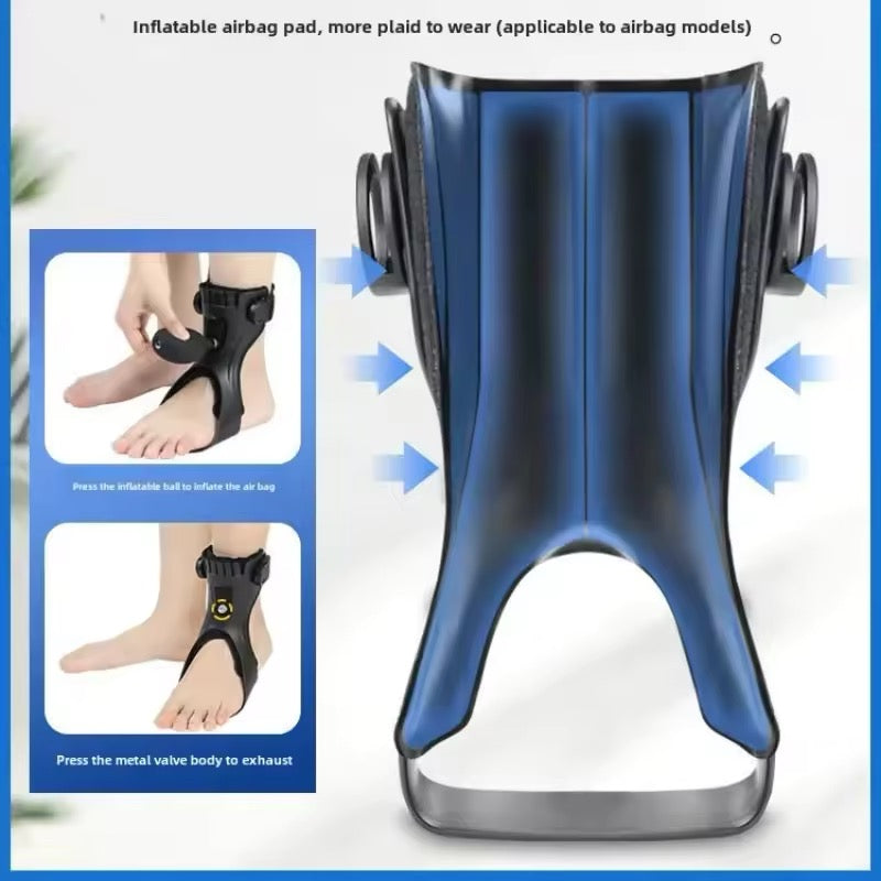 Fitlybuy foot drop orthosis brace with a blue inflatable airbag, adjustable ankle support, and hand pump for stability.