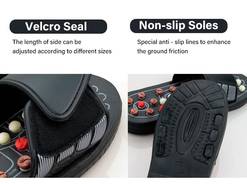 Black Fitlybuy reflexology slippers with adjustable velcro straps, acupuncture nodes, and non-slip soles.