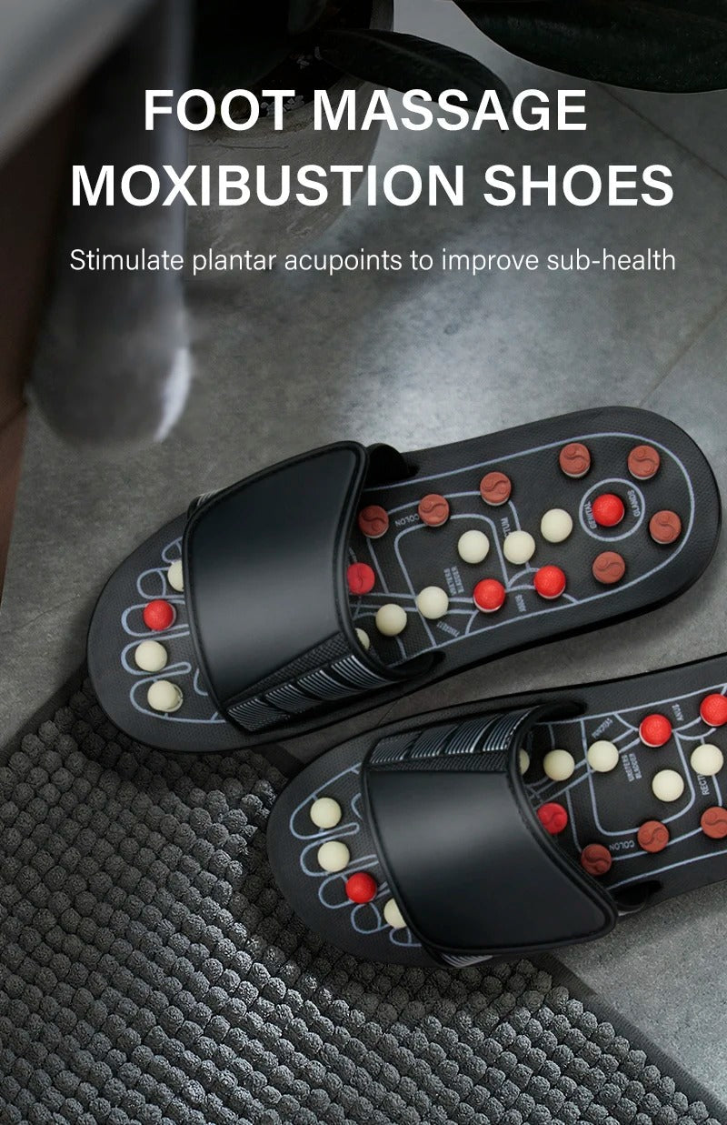 Black Fitlybuy reflexology slippers with red and white massage nodules mapped for acupuncture pressure point relief.