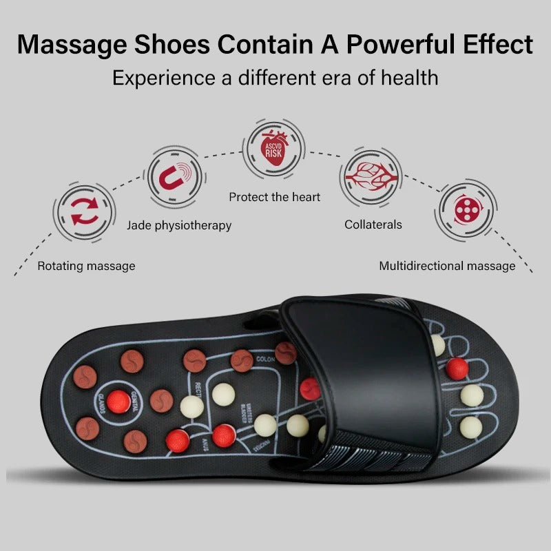 Fitlybuy reflexology slippers with red and white acupressure nodes and a foot map design for pressure relief therapy.