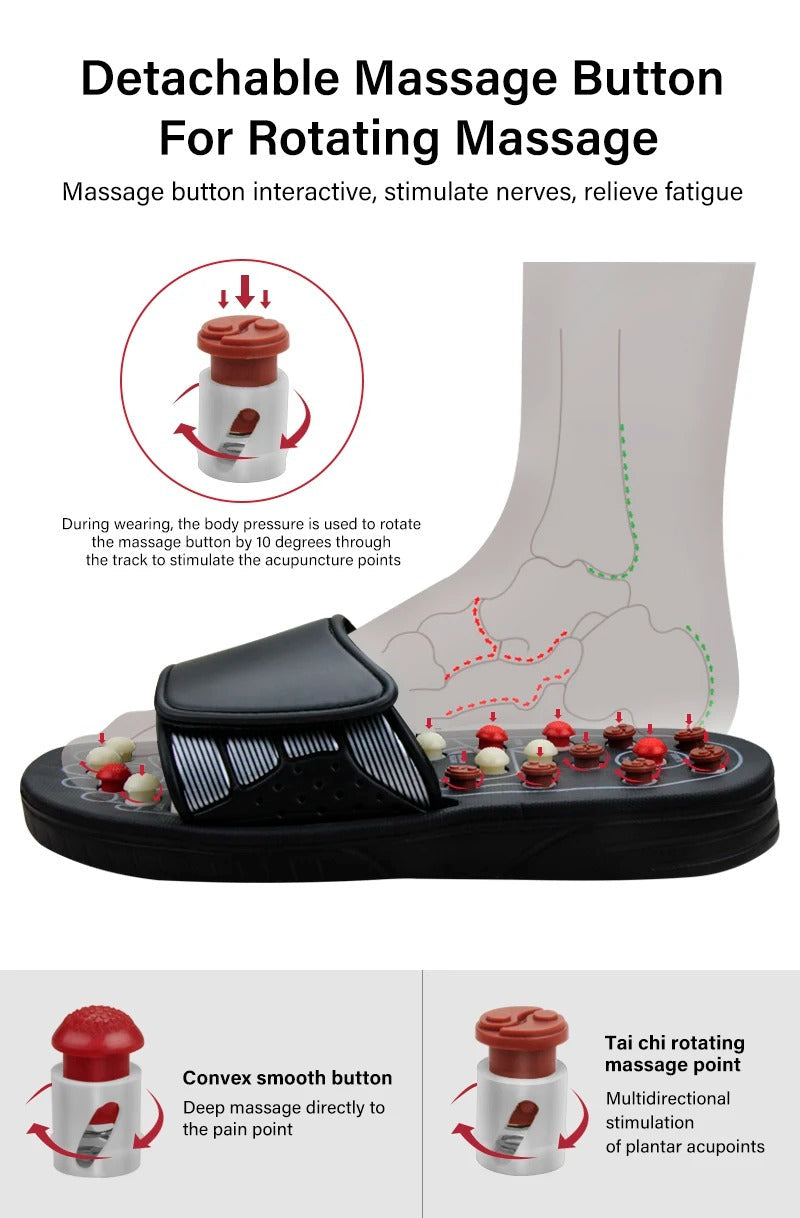 Fitlybuy black reflexology slippers with rotating red and white acupuncture pressure buttons for foot massage.