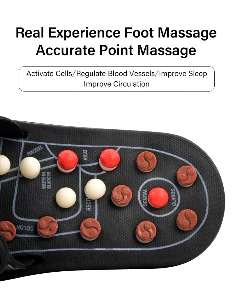 Black Fitlybuy reflexology slippers with red, brown, and white massage nodules mapped to foot acupuncture points.