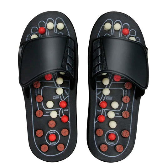 Fitlybuy black reflexology slippers with red, white, and brown massage nodules and foot map diagrams for pressure relief.