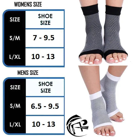 Fitlybuy compression foot sleeves in black and white stripes with sizing charts for men and women.