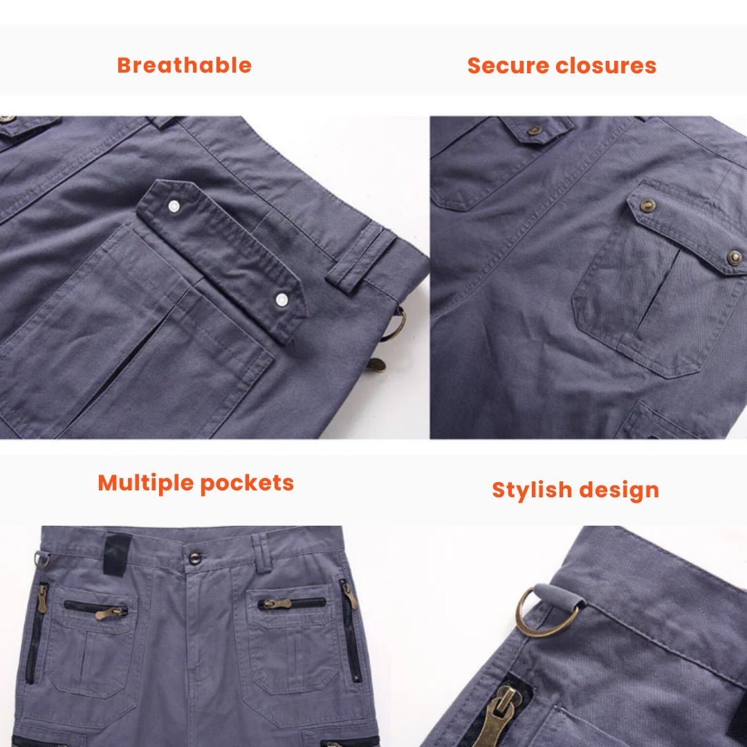 Grey Fitlybuy men's outdoor cargo shorts featuring multiple pockets, secure zip closures, and durable stretch fabric.