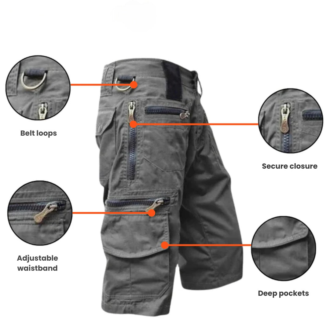 Grey Fitlybuy men's outdoor cargo shorts featuring multiple zip pockets, belt loops, and an adjustable waistband.