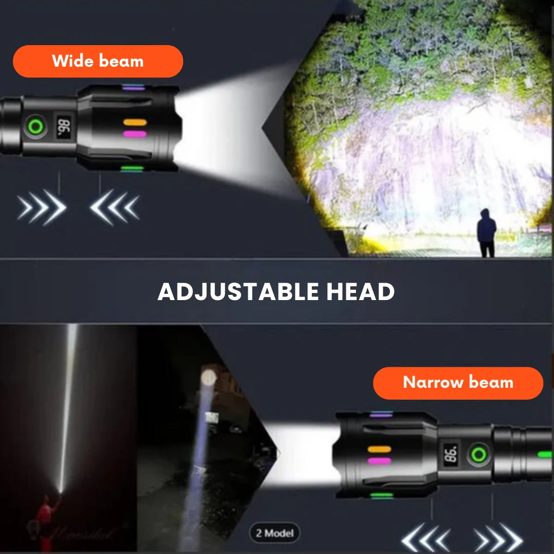 Fitlybuy TacticalPro 9000 black LED flashlight with adjustable head for wide or narrow beam, showing night performance.