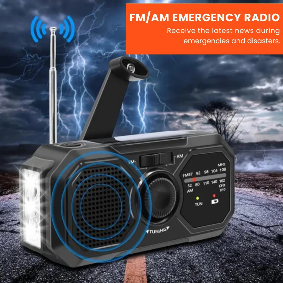 Fitlybuy black portable emergency AM/FM radio with hand crank, solar panel, flashlight, and antenna, set against a storm.