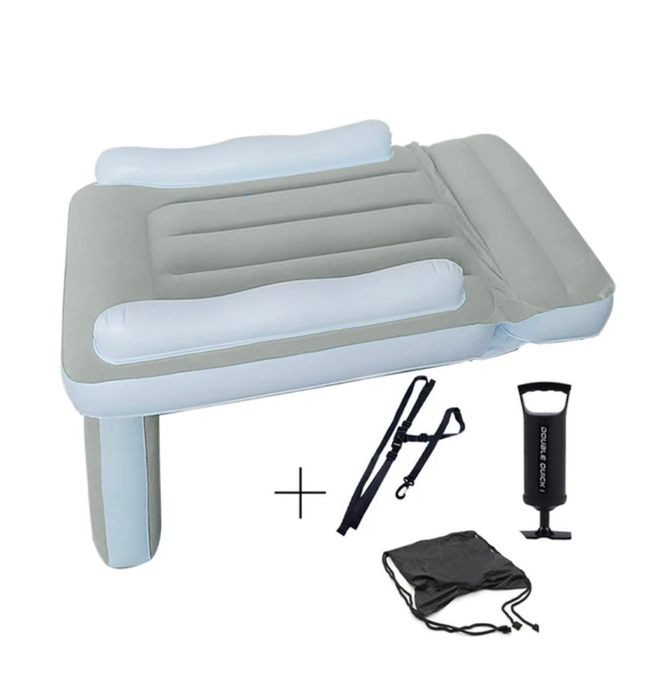 Gray and blue inflatable car mattress with CozyCloud technology, including a pump, strap, and storage bag.