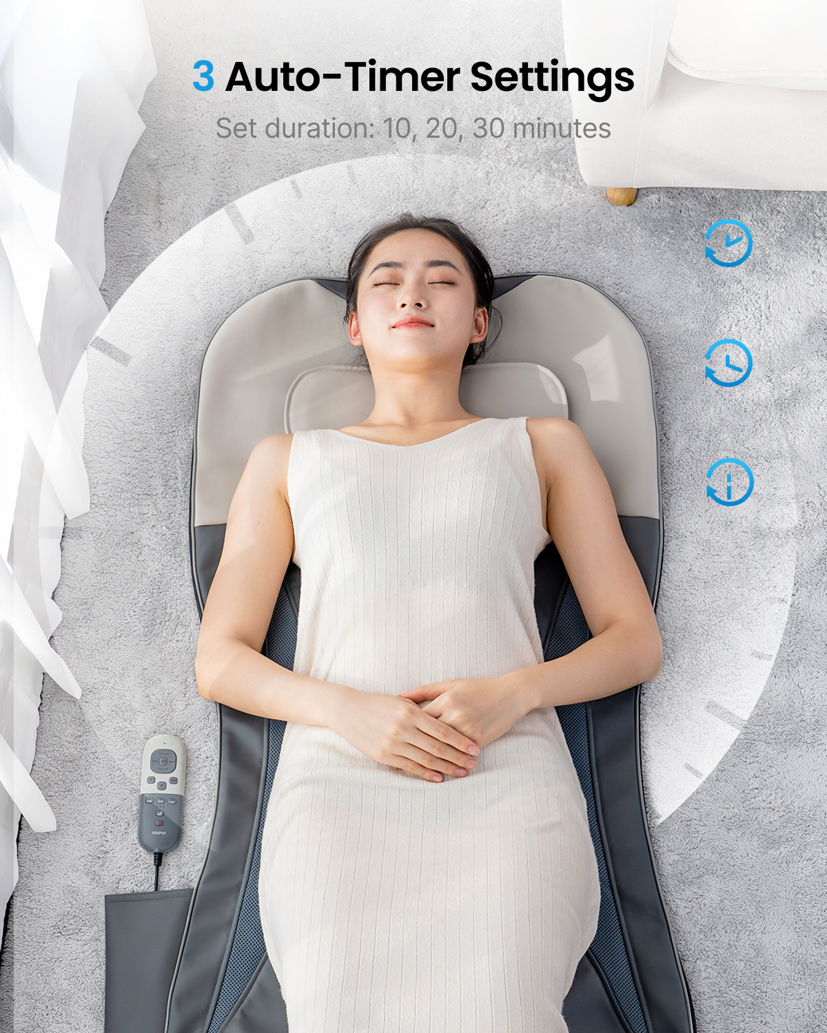 Woman relaxing on a grey and beige Fitlybuy Aeria neck and back massager with a remote and 3-timer setting graphic.