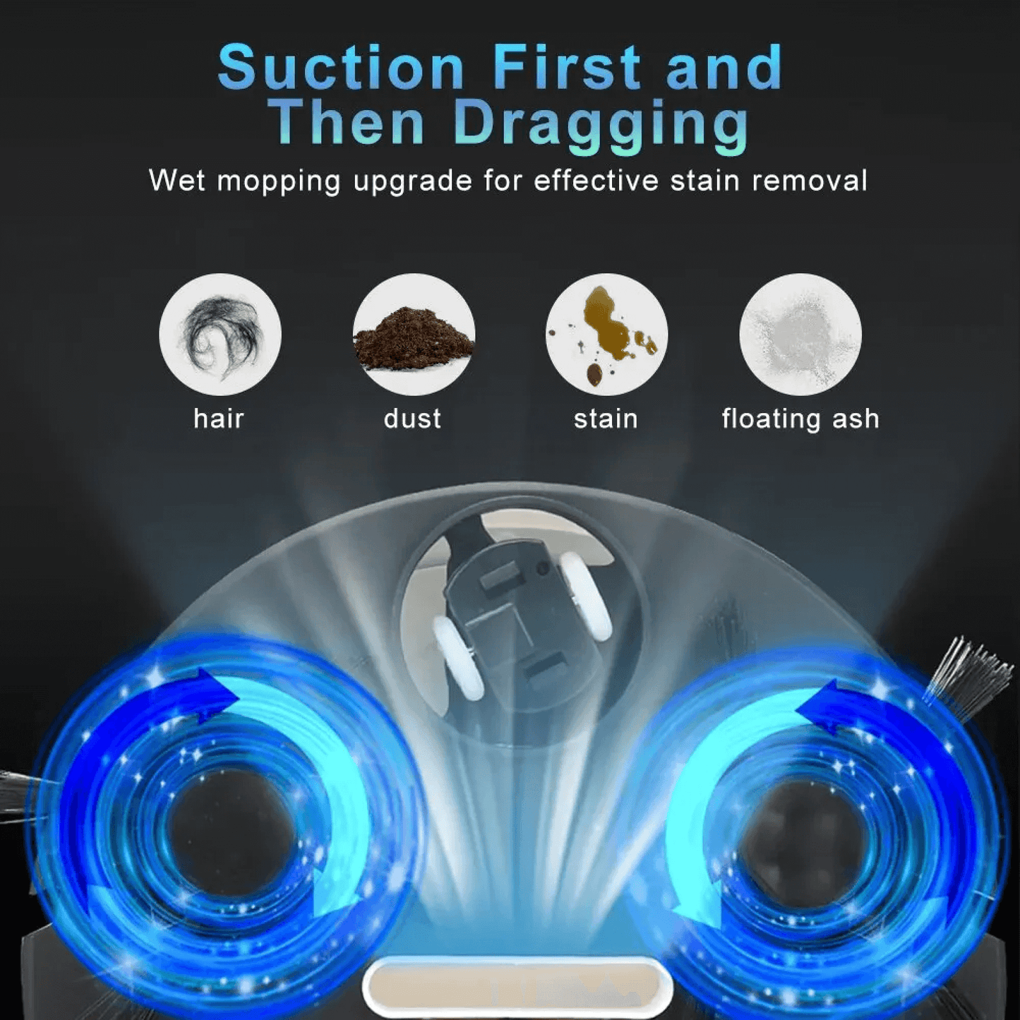 Fitlybuy Cosmos Pro robotic vacuum showing dual-spinning mopping pads cleaning hair, dust, stains, and ash.