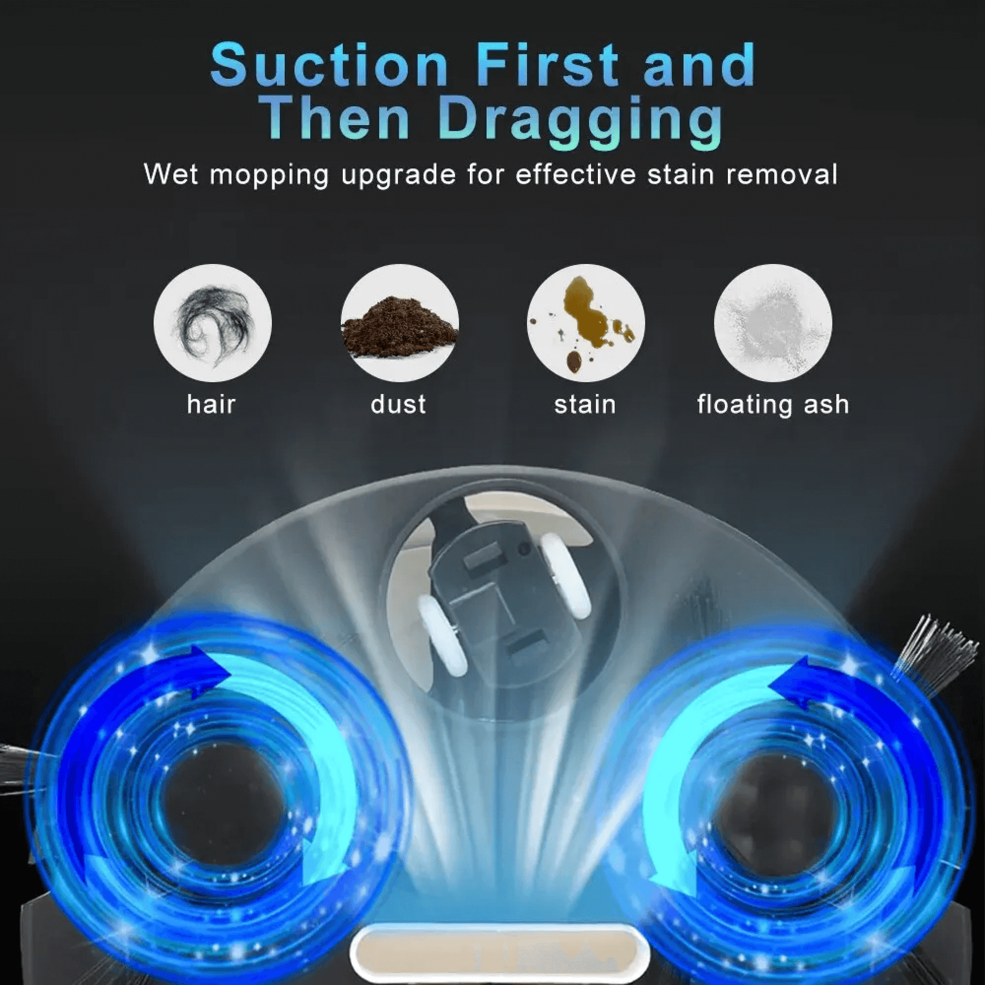 Fitlybuy Cosmos Pro robotic vacuum showing dual-spinning mopping pads cleaning hair, dust, stains, and ash.